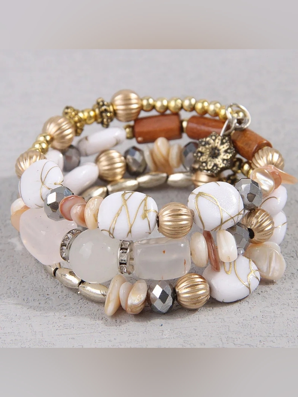Elegant White & Gold Beaded Stretch Bracelet - Women Jewelry
